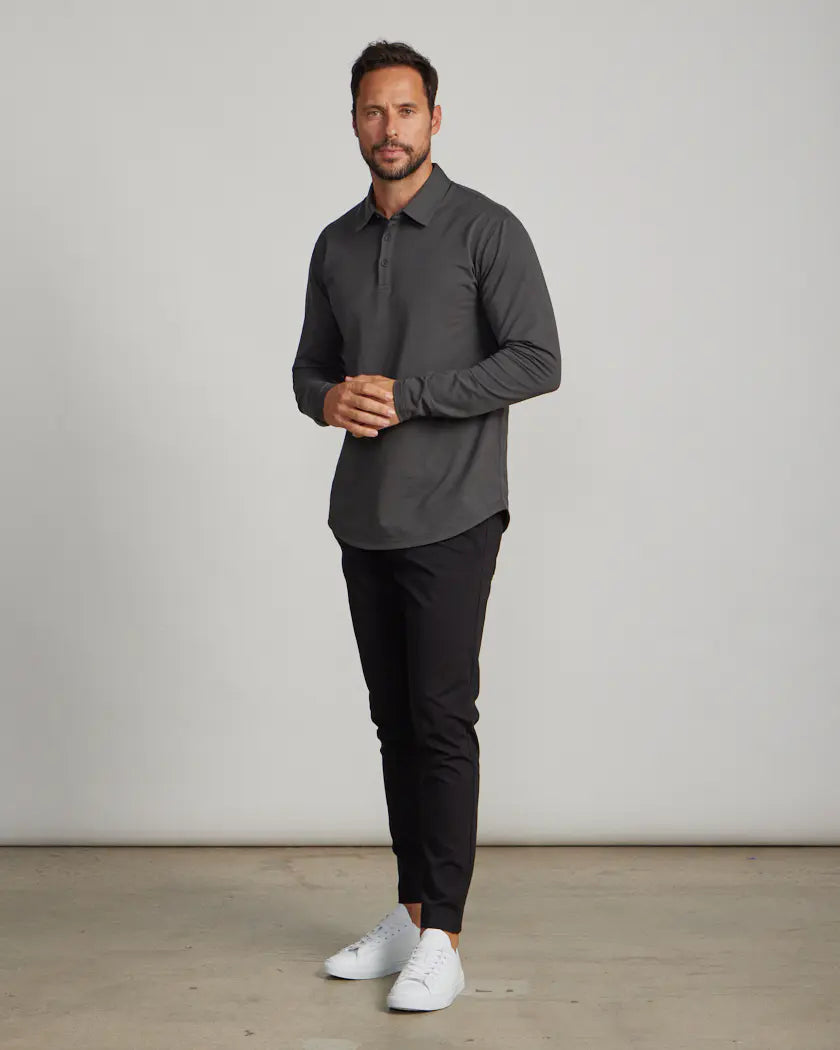 Drop-Cut Long Sleeve: LUX Polo - Dark Charcoal