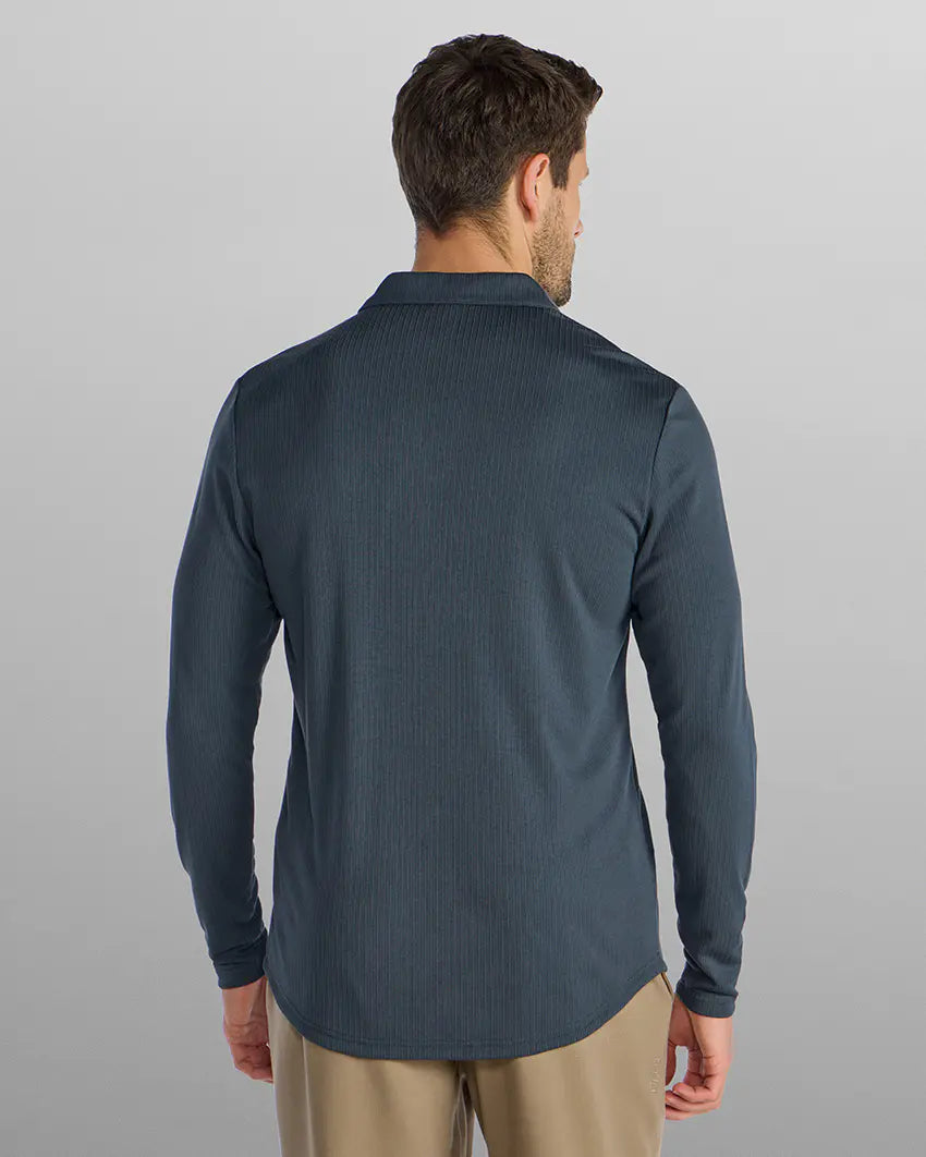 Ribbed Long Sleeve Open V Polo - Vintage Navy