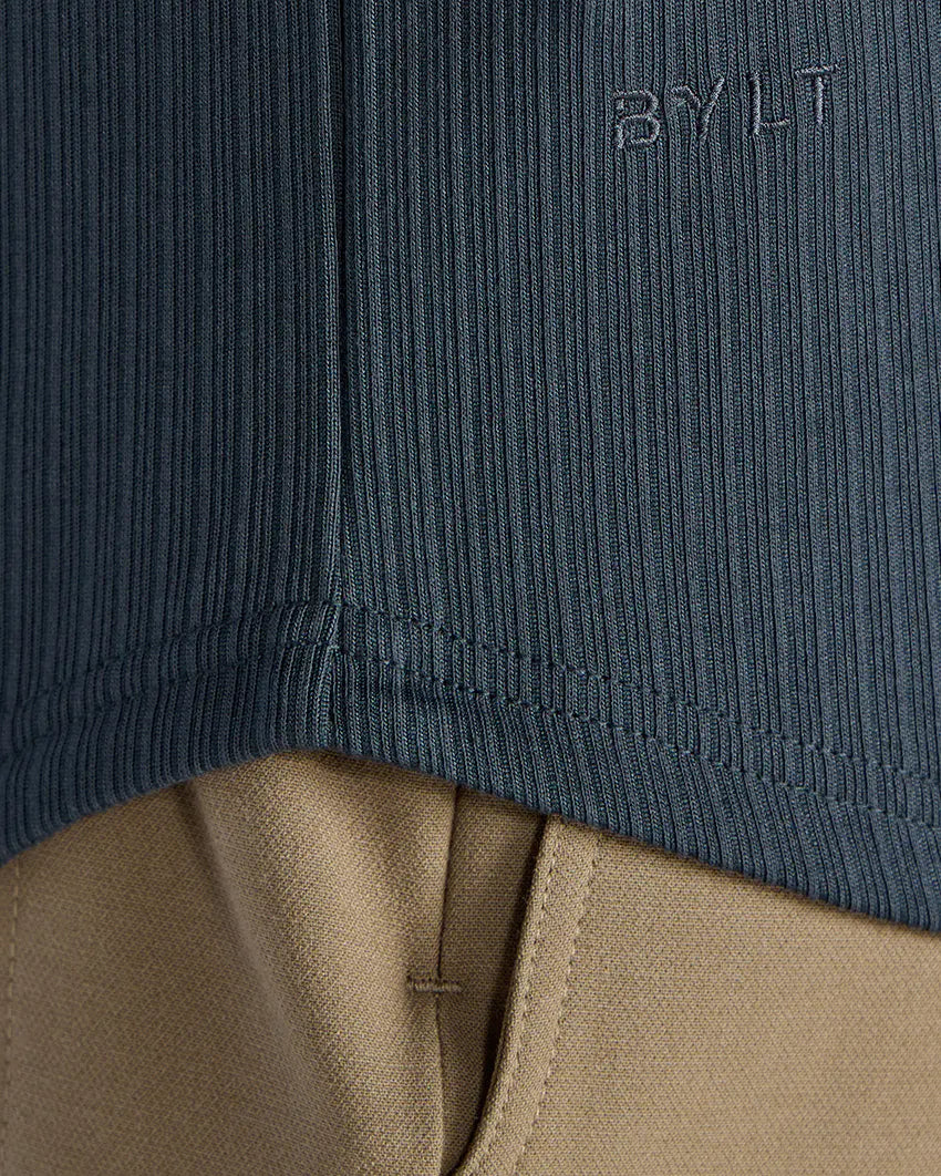 Ribbed Long Sleeve Open V Polo - Vintage Navy