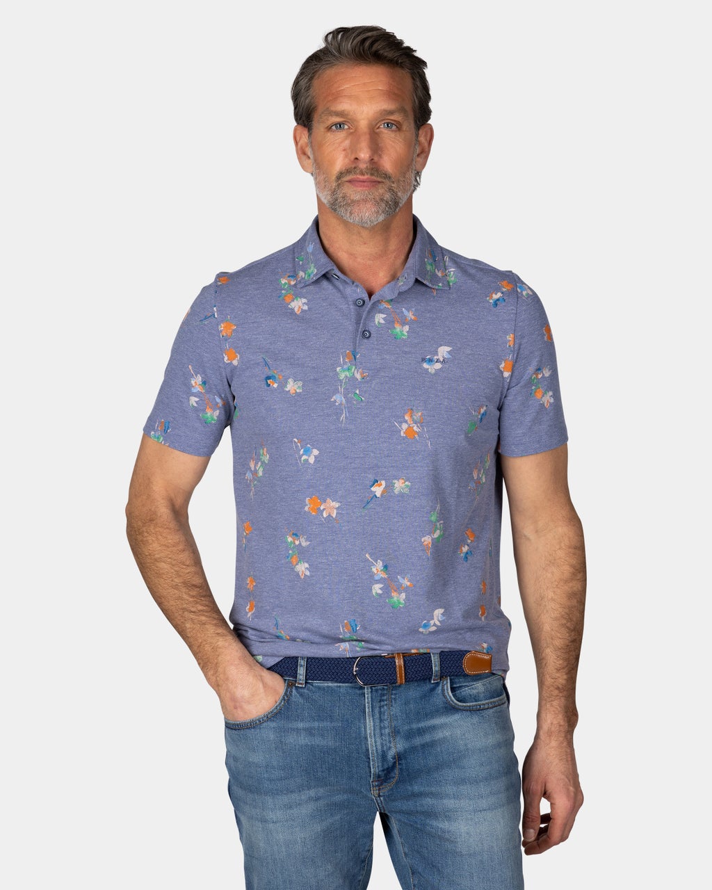 NAVY POLO SHIRT WITH LEAF PRINT