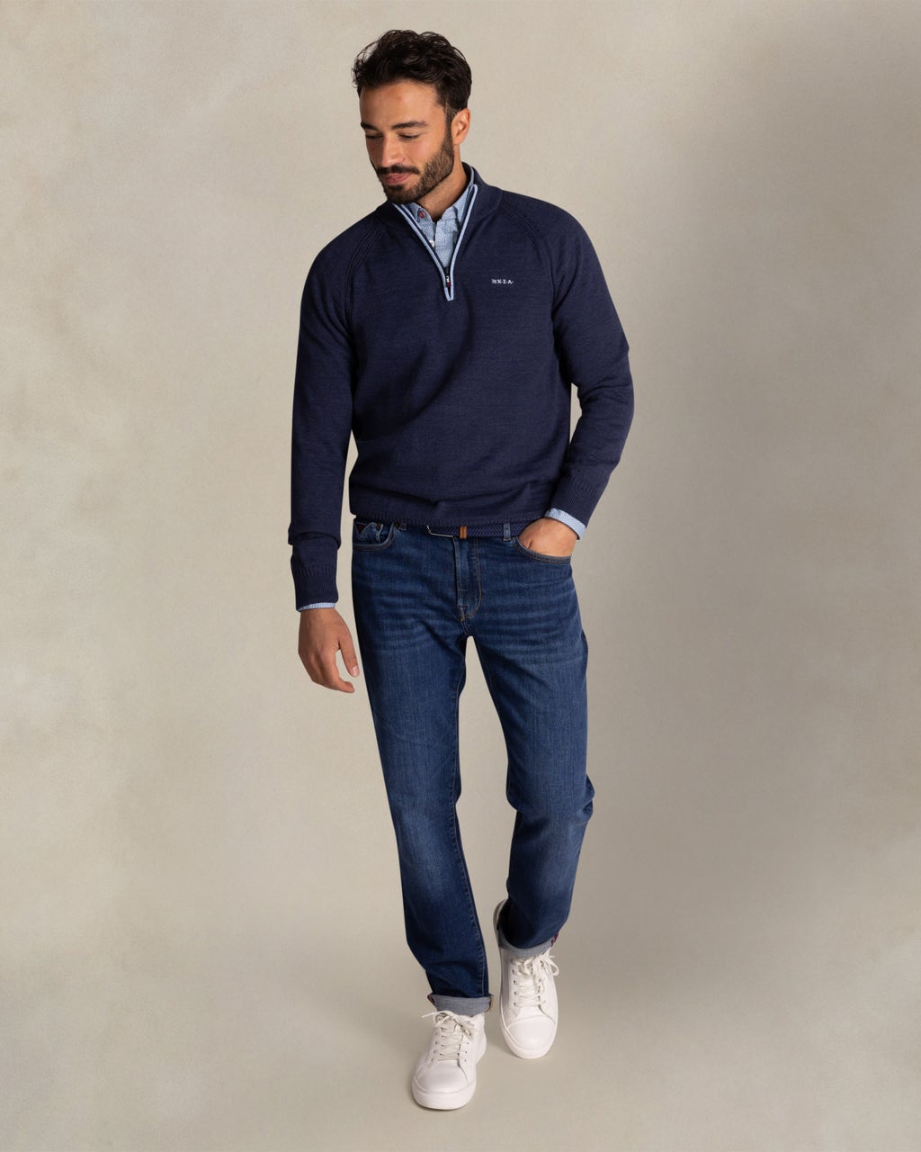 BLUE COTTON HALF ZIP SWEATER