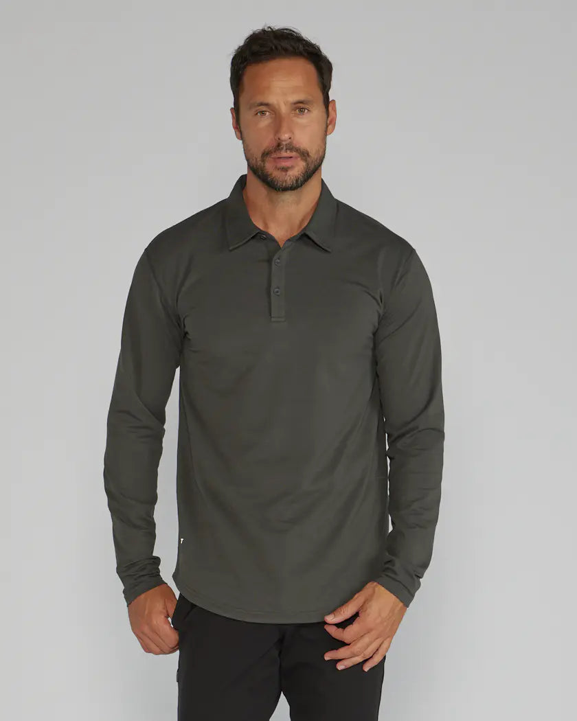 Drop-Cut Long Sleeve: LUX Polo - Dark Charcoal