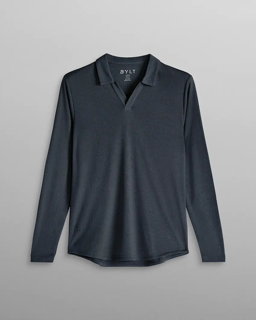 Ribbed Long Sleeve Open V Polo - Vintage Navy