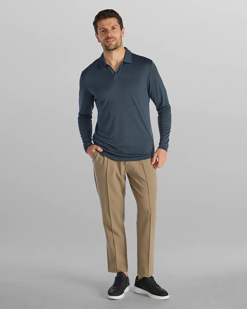 Ribbed Long Sleeve Open V Polo - Vintage Navy