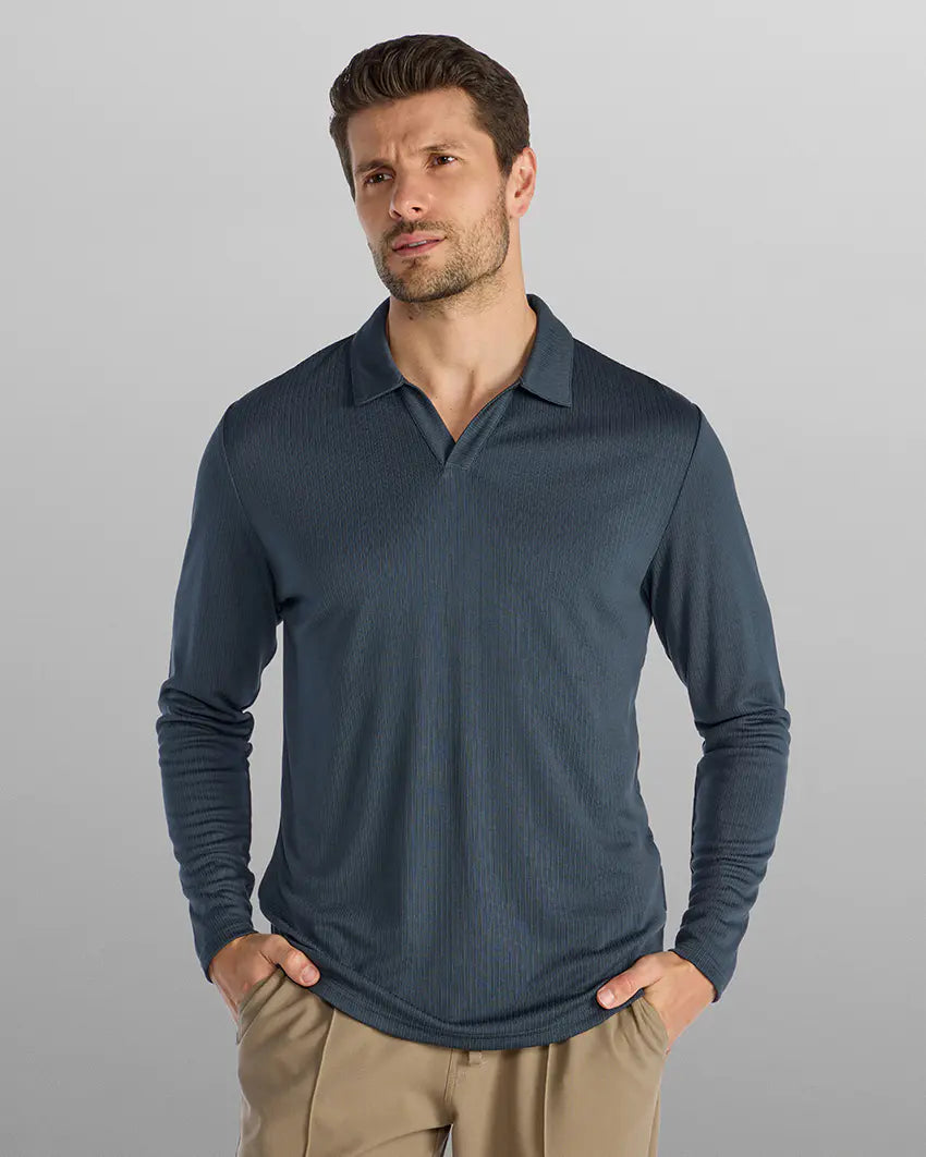 Ribbed Long Sleeve Open V Polo - Vintage Navy