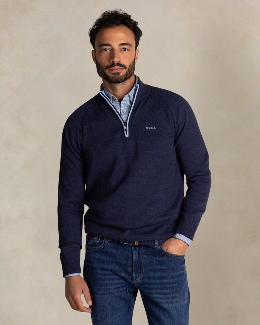 BLUE COTTON HALF ZIP SWEATER